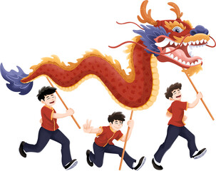 Boys Performing a Chinese Dragon Dance Illustration
