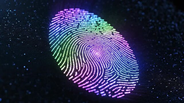 Glowing, colorful fingerprint pattern with rainbow hues against dark background, with blurred bokeh points of light