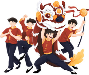 Man Performing a Chinese Lion Dance Illustration