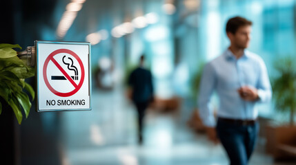 Fototapeta premium No smoking sign mounted indoors with faceless person walking in defocused background, public building health regulation, smoke-free interior environment, with copy space