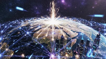 Global connections visualized on Earth, extending into space, showcasing interconnectedness and a sense of cosmic reach