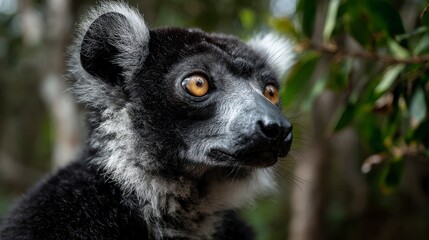 Obraz premium A captivating portrait of a lemur with striking amber eyes, framed by leafy foliage, showcasing its expressive face