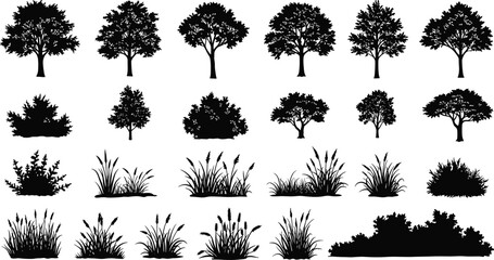 Tree silhouette, bush vector, grass clipart, nature illustration, black foliage, landscape element, forest shape, plant icon, ecology graphic, vegetation set © Arafat World