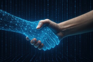 A futuristic concept image showing a human hand shaking hands with a glowing digital hand made of data lines and particles, symbolizing human-AI collaboration in a cyber environment with binary code b