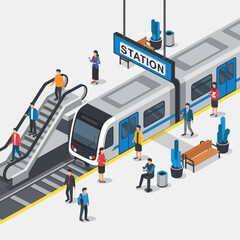 Subway Train Station with Commuters and Sign.