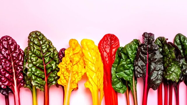 Assortment of vibrant chard varieties with lush leaves and contrasting stems against a soft pink backdrop
