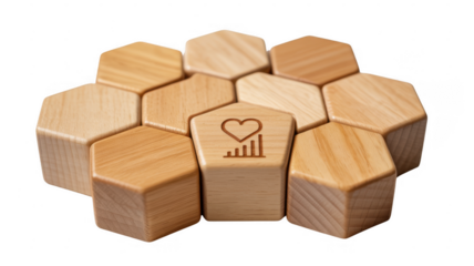 Wooden hexagons with heart and graph symbol isolated on a transparent background