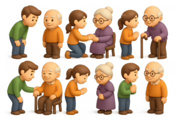 Elder respect and care icons set: illustrations for community and family values