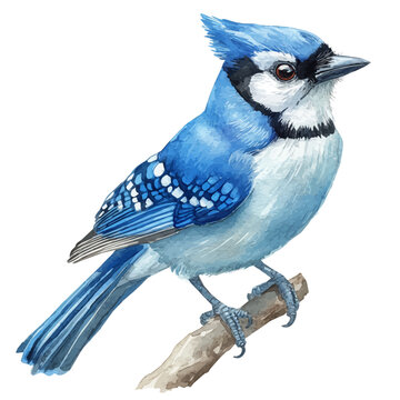 Blue Jay, realistic watercolor illustration vector, isolated on a white background.