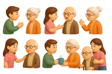 Elder care communication and support icons - illustrations for health and wellness design