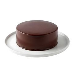 A classic dark chocolate cake with a perfectly smooth and shiny ganache glaze isolated on transparent background