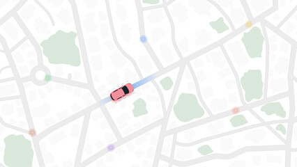 City map top view with car icon and location signal zones. Vector illustration.