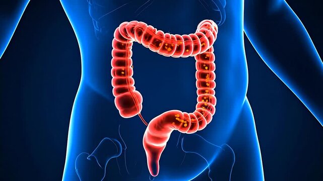 3D-rendered human anatomy image illustrating a glowing red colon within a translucent blue body