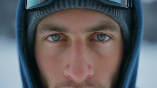 Intense Gaze of a Man in Winter Gear Close-Up.