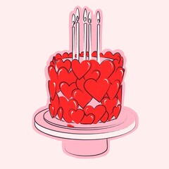Heart Decorated Valentine Cake Hand Drawn Illustration
