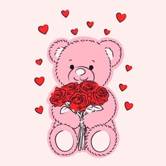 Teddy Bear Holding Roses Valentine Illustration