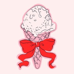 Hand Drawn Ice Cream with Red Bow Valentine Illustration
