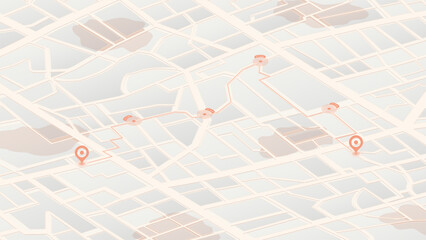 Red checkpoints on an isometric city map with navigation route and location pins for a delivery network. Vector illustration.