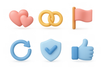 Simple icon set featuring heart, rings, flag, refresh, shield, and thumbs up symbols for design and digital applications