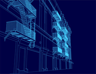 A detailed architectural blueprint of a city building contour, featuring a prominent external fire escape design against a dark blue background.