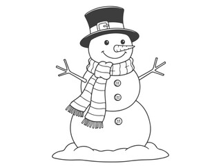 A charming black and white illustration of a classic snowman wearing a hat and scarf.