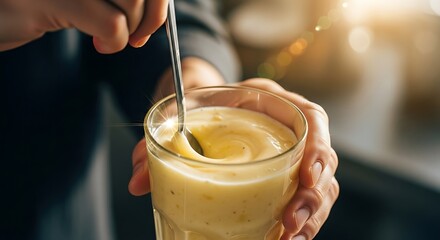 Mixing a luscious mango smoothie: A moment of culinary creation with a refreshing twist for a healthy lifestyle