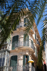 Elegant Mediterranean apartment building with green shutters seen through palm leaves