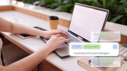 Adult Asian hands typing laptop keyboard managing digital schedule planning project tasks remote work online learning productivity