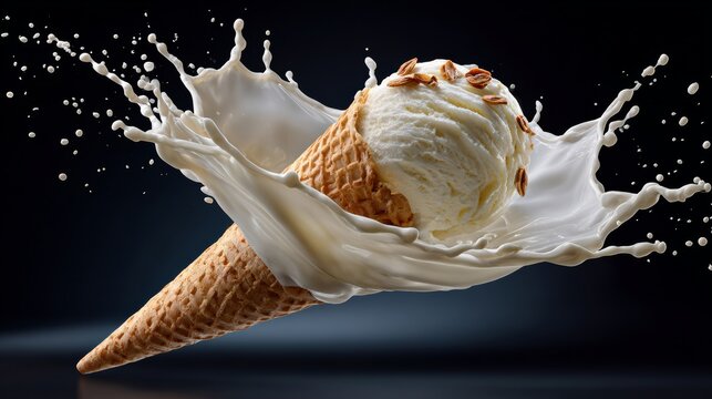 A scoop of ice cream in a cone is splashing in a pool of milk. Concept of fun and playfulness, as if the ice cream is having a good time splashing around in the milk