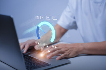 Super Fast internet connection speed test bandwidth network technology, Man using Internet high speed by smartphone and laptop computer, 5G quality, speed optimization. performance, speed, test.