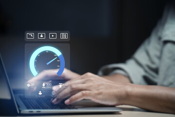 Super Fast internet connection speed test bandwidth network technology, Man using Internet high speed by smartphone and laptop computer, 5G quality, speed optimization. performance, speed, test.