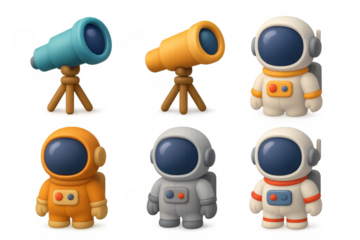 Space exploration cartoon icons featuring astronauts and telescopes for design and decoration