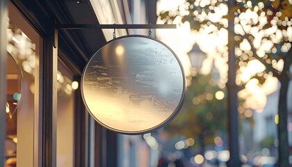 Circular store sign hanging above urban street, subtle reflections on polished metal surface, soft ambient lighting, defocused city background, magical professional mockup display 