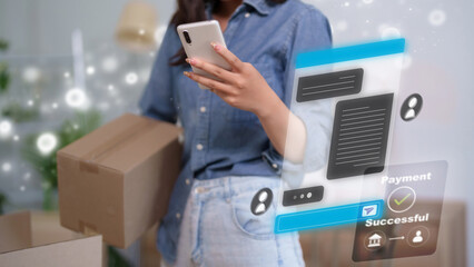 Asian woman adult receives package confirms successful online payment on smartphone ecommerce mobile banking shopping order delivery tracking digital transaction