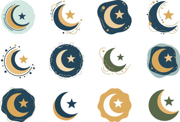 Crescent Moon and Star Icons Elegant Night Sky Symbol Set for Ramadan