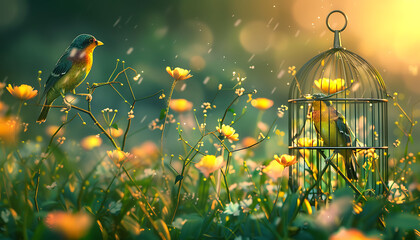 Wild Bird Serenity Golden Sunlight Lush Flora Magical Habitat Birdcage Scene