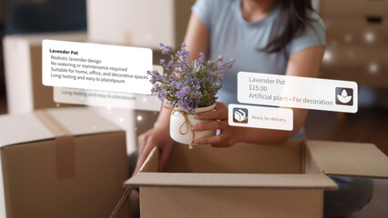 Asian adult woman shopper uses augmented reality unboxing artificial lavender plant new home office decoration modern technology smart purchase experience