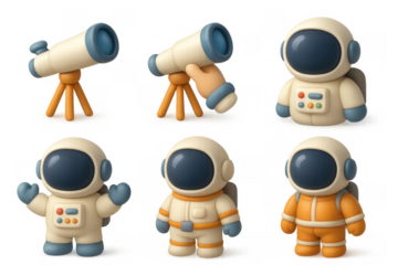 Cartoon space exploration icons featuring astronauts and telescopes for creative design projects