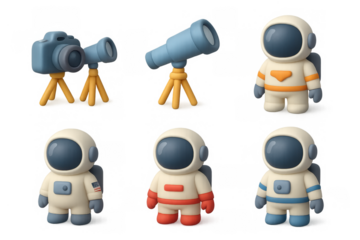 Minimalist space icons with astronauts, telescopes, and cameras for digital design projects