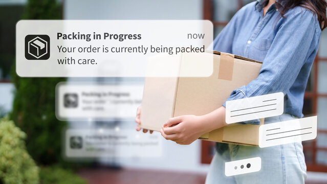 Adult Asian woman holding package packing progress notification efficient delivery tracking online shopping ecommerce fast shipping logistics