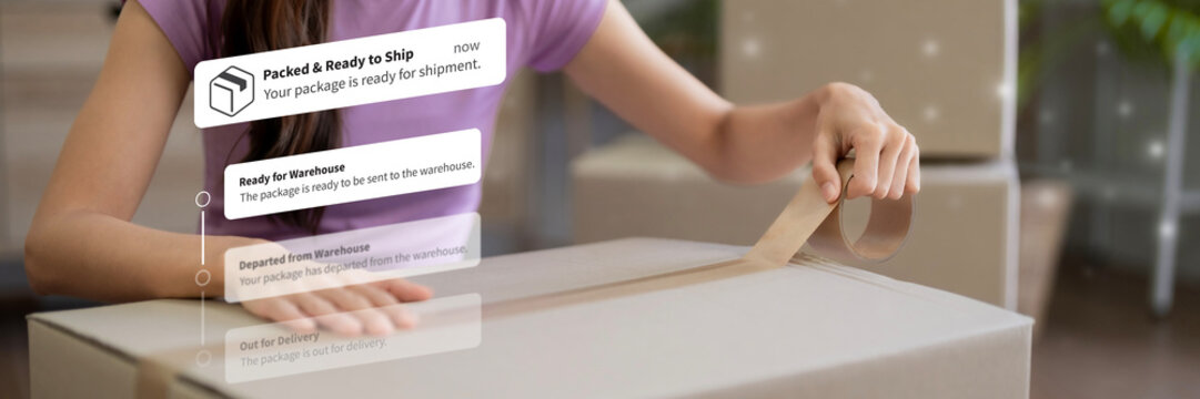 Adult Asian person preparing package for shipment digital order tracking updates displaying delivery status logistics supply chain management ecommerce business