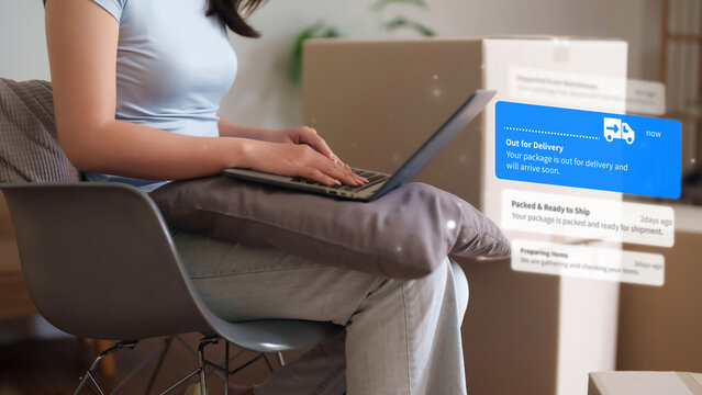 Adult person tracks package delivery order updates manages logistics uses laptop computer technology from home office modern living space