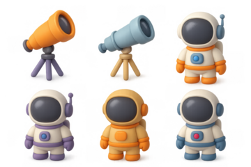 Space-themed icon set with cute astronauts and telescopes for digital design