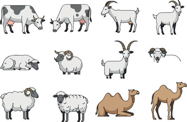 Diverse livestock assortment featuring cows, goats, sheep, and camels in a flat design illustration