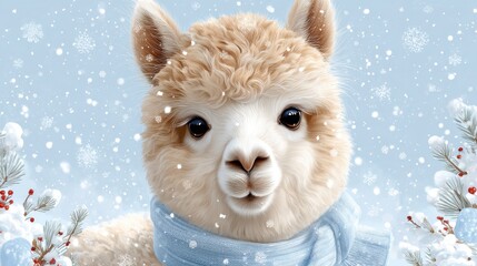 Obraz premium Adorable winter alpaca portrait with soft fur, blue scarf and snowy background, perfect for holiday greetings, seasonal ads and festive designs