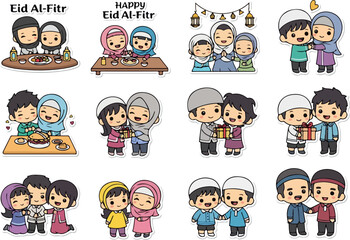 Cute Cartoon Couples Celebrating Eid Al-Fitr - Stickers