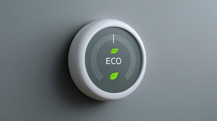 A close-up view of a smart circular thermostat mounted on a neutral gray wall, emphasizing energy efficiency