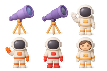 Fototapeta premium Cartoon space icons featuring cute astronauts and telescopes for digital design projects