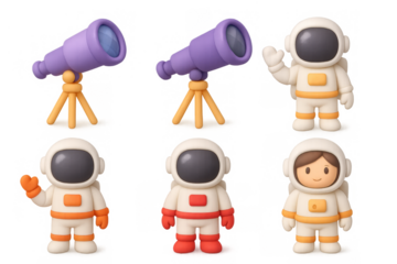 Cartoon space icons featuring cute astronauts and telescopes for digital design projects