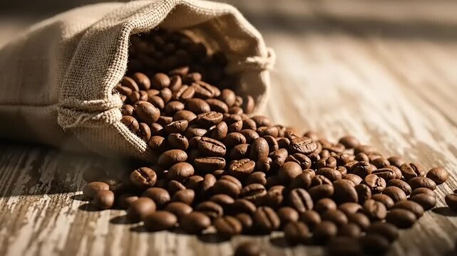Aromatic Coffee Beans Spill from Burlap Sack on Rustic Wooden Table.